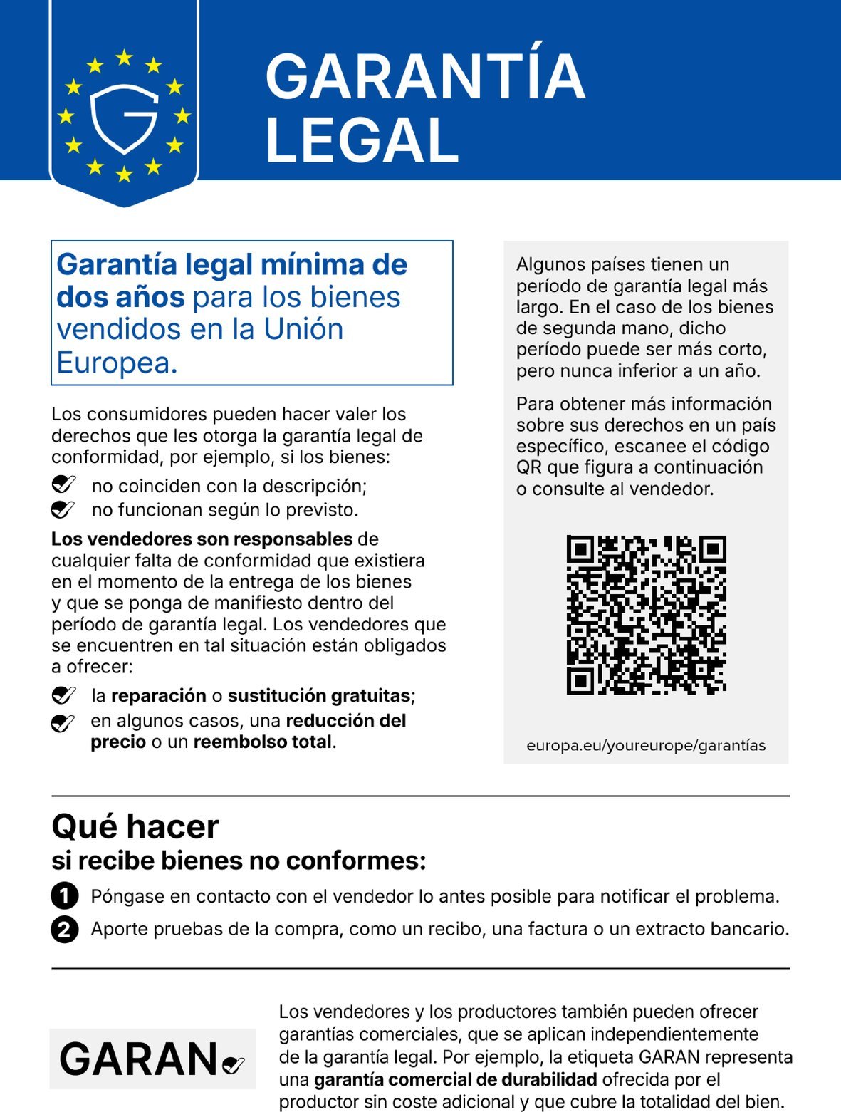 Garantía legal: Al comprar productos en la UE, se aplica un derecho de garantía legal de al menos dos años. El código QR te lleva a más información en el portal «Tu Europa».